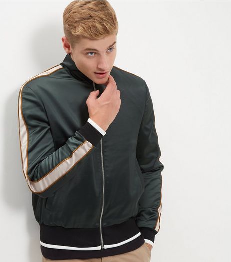 Dark Green Sateen Stripe Sleeve Bomber Jacket | New Look