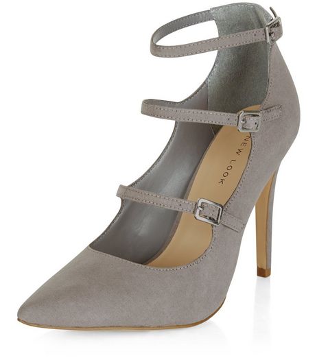 Grey Suedette Triple Strap Pointed Heels | New Look