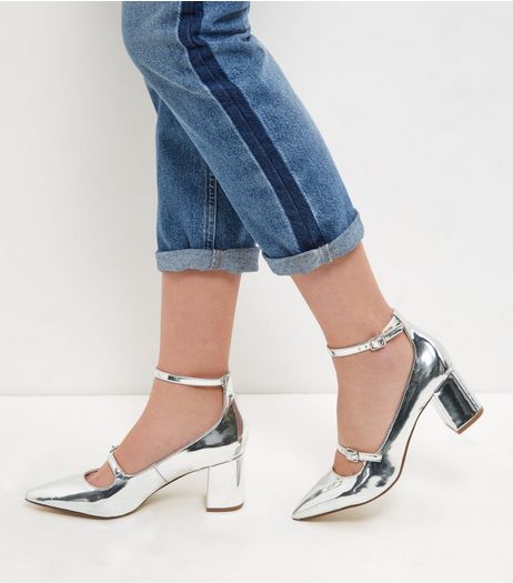 Silver Patent Pointed Ankle Strap Heels | New Look