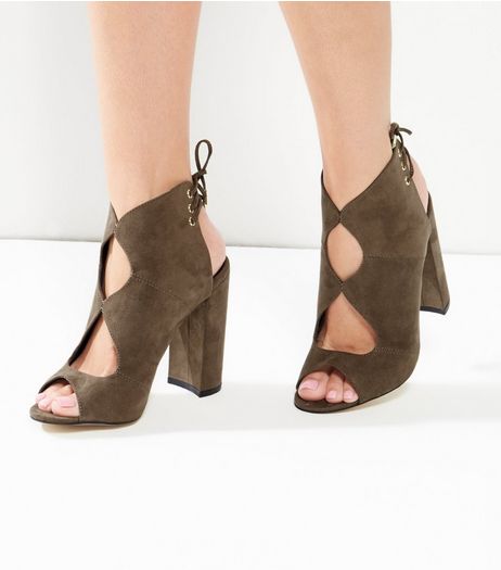 Khaki Suedette Cut Out Tie Back Block Heels | New Look