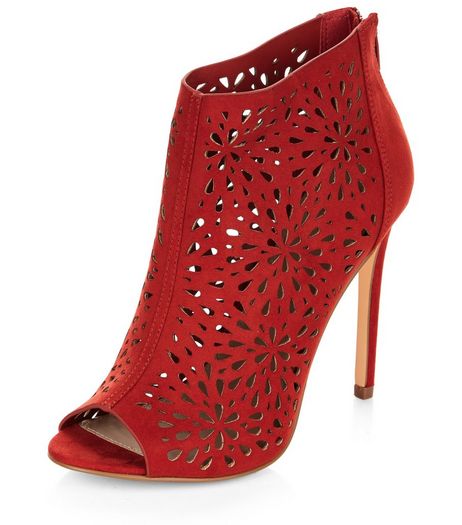 Red Suedette Laser Cut Out High Heels | New Look