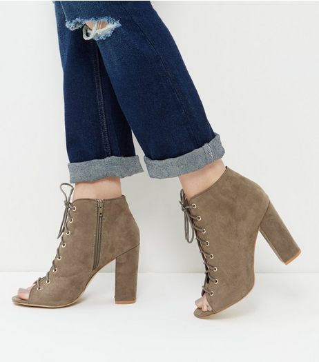 Khaki Suedette Ghillie Block Heels | New Look