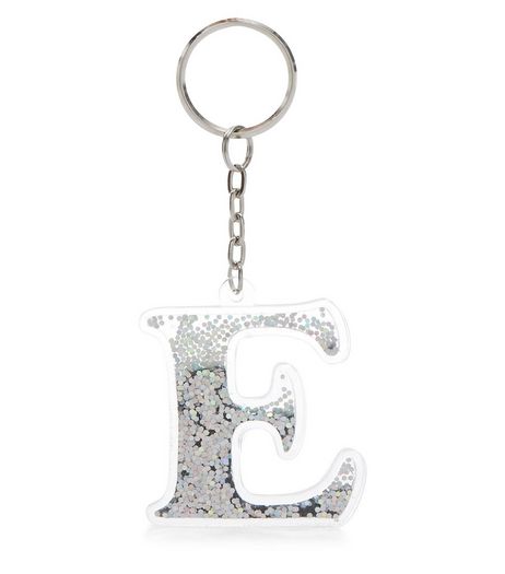 Silver Glitter E Initial Keyring | New Look