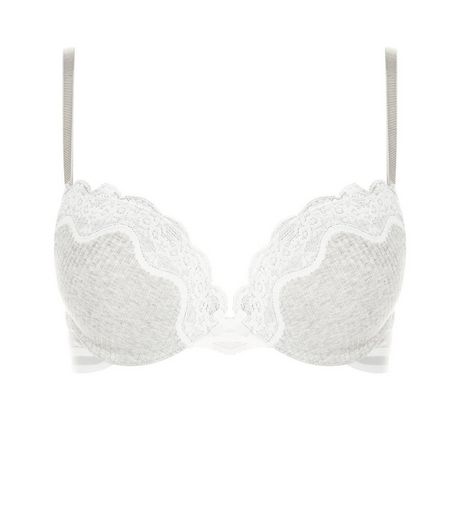 Grey Ribbed Lace Trim Push Up Bra | New Look