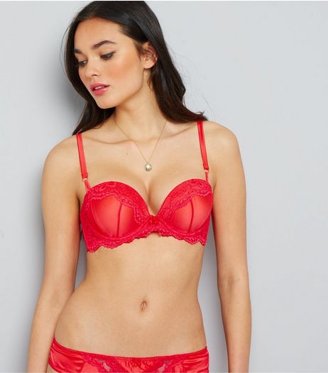 Red Satin And Lace Boost Bra | New Look