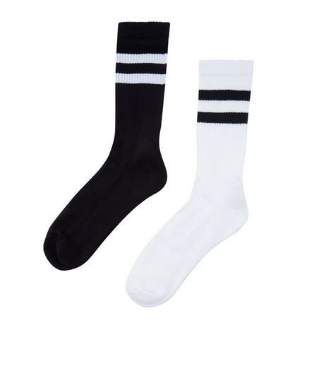 2 Pack White and Black Stripe Socks | New Look