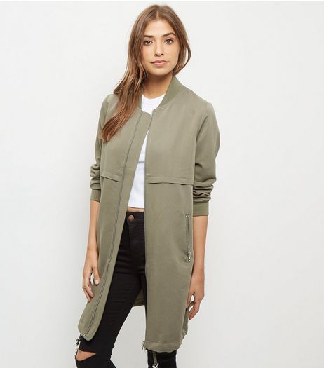 Khaki Drawstring Longline Bomber Jacket | New Look