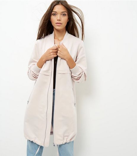 Shell Pink Drawstring Hem Longline Bomber Jacket | New Look