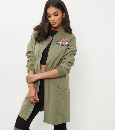 Khaki Badge Embroidered Longline Bomber Jacket | New Look