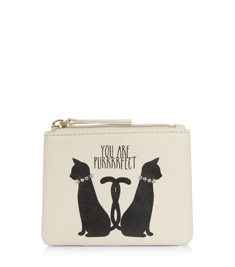 Cream Cat Slogan Zip Top Purse | New Look