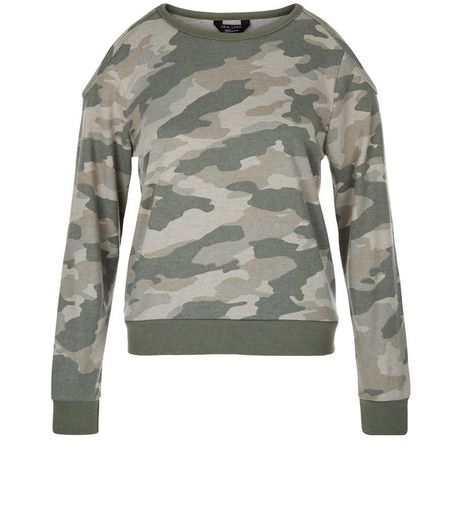 Teens Khaki Camo Print Cold Shoulder Sweater | New Look