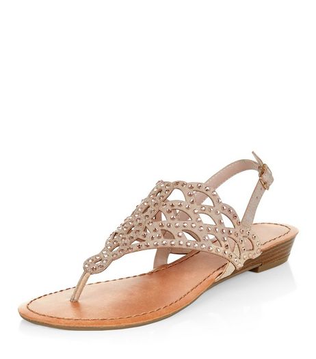Nude Embellished Laser Cut Out Sandals | New Look