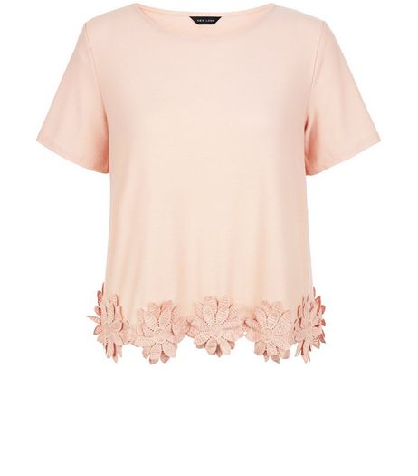Shell Pink Crochet Floral Trim T-Shirt | New Look