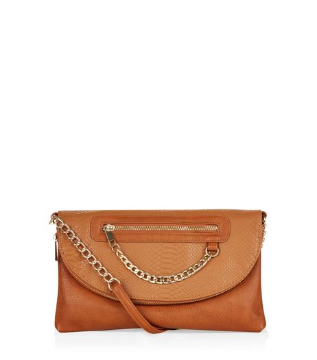 Tan Snakeskin Textured Chain Zip Clutch | New Look