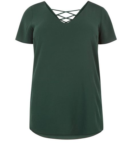 Curves Dark Green Lace Up Back V Neck Top | New Look