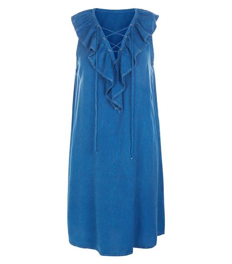 Blue Vanilla Blue Frill Lace Up Denim Dress | New Look