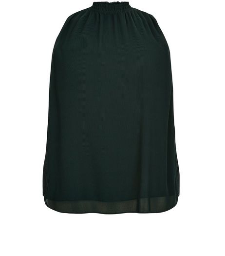 Curves Dark Green High Neck Pleated Top | New Look