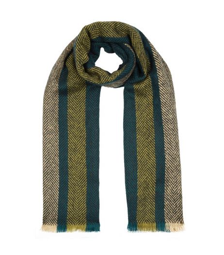 Khaki Stripe Herringbone Fringed Scarf | New Look