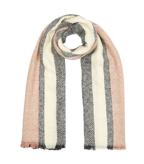 Shell Pink Stripe Herringbone Fringed Scarf | New Look