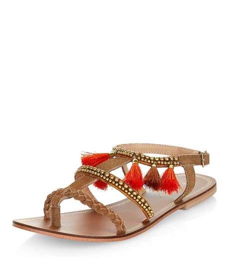 Wide Fit Tan Leather Tassel Trim Beaded Sandals | New Look