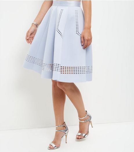 Light Blue Scuba Laser Cut Out Trim Midi Skirt | New Look