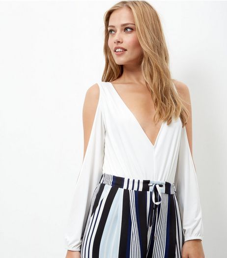 White Plunge V Neck Cold Shoulder Bodysuit | New Look