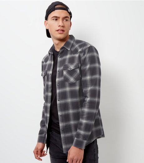 Grey Check Double Pocket Long Sleeve Western Shirt | New Look