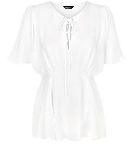 Cream Lace Up Front Peplum Top | New Look