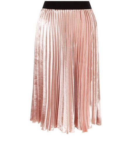 Petite Shell Pink Sateen Pleated Midi Skirt | New Look