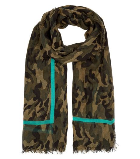 Khaki Camo Print Contrast Trim Scarf | New Look