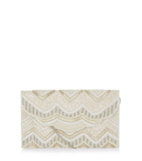 White Bead Embellished Zig Zag Print Clutch | New Look