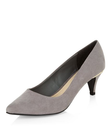 Wide Fit Grey Comfort Suedette Pointed Mid Heels | New Look