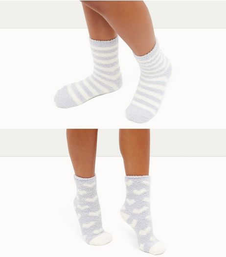 2 Pack Pale Blue Heart and Stripe Print Socks | New Look