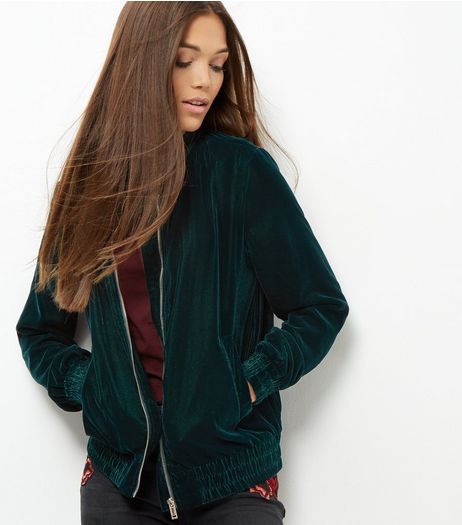 Dark Green Velvet Bomber Jacket | New Look