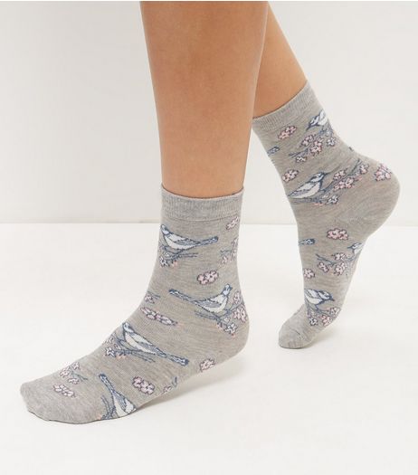 Grey Floral Bird Print Socks | New Look