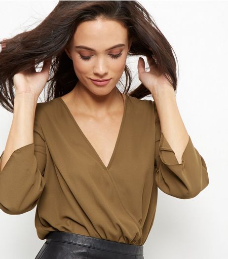 Khaki Wrap Front 3/4 Sleeve Bodysuit | New Look