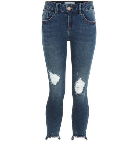 Girls Blue Ripped Knee Fray Hem Skinny Jeans | New Look