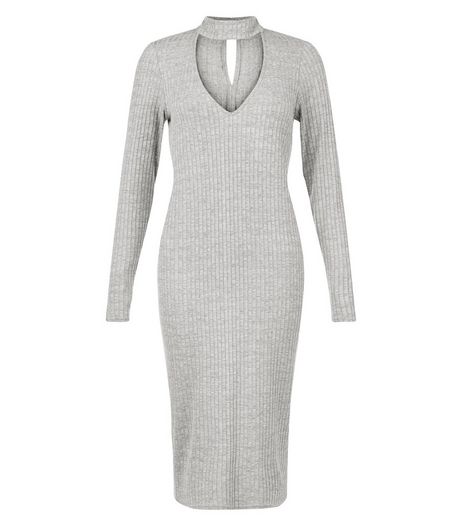 Grey Ribbed Cut Out Funnel Neck Bodycon Dress | New Look