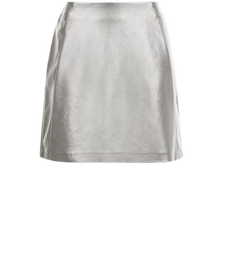 Petite Silver Leather-Look Skirt | New Look