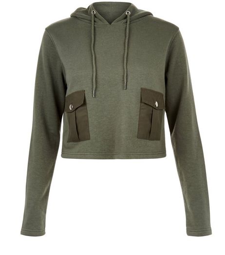 Heartbreak Khaki Pocket Cropped Hoodie | New Look