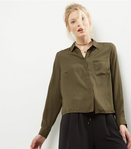 Khaki Long Sleeve Sateen Shirt | New Look