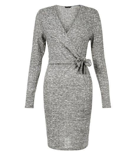 Grey Ribbed Wrap Tie Side Mini Dress | New Look