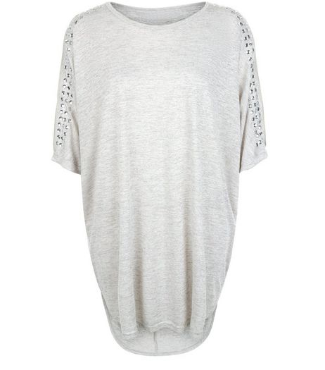 Blue Vanilla Grey Studded Cold Shoulder Batwing Top | New Look
