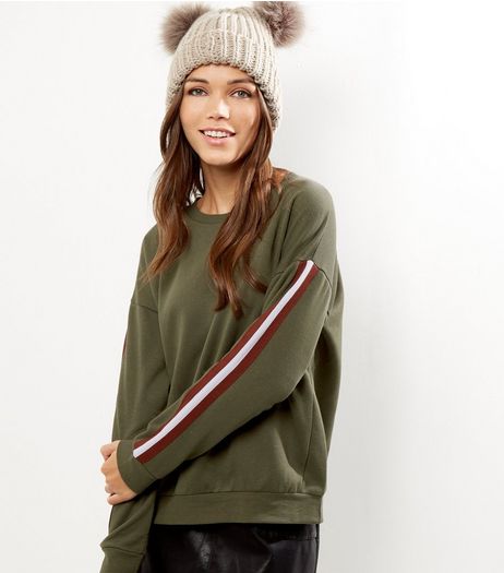 Khaki Tape Sleeve Sweater | New Look