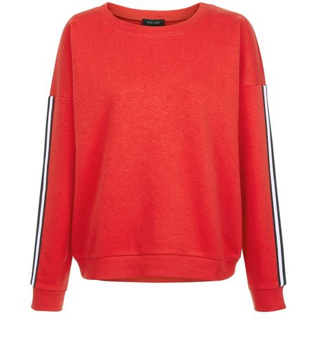 Red Stripe Tape Sleeve Sweater | New Look