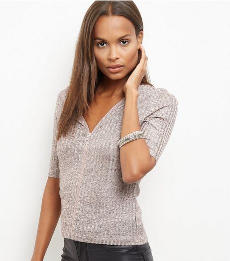 Shell Pink Fine Knit Zip Front Top | New Look
