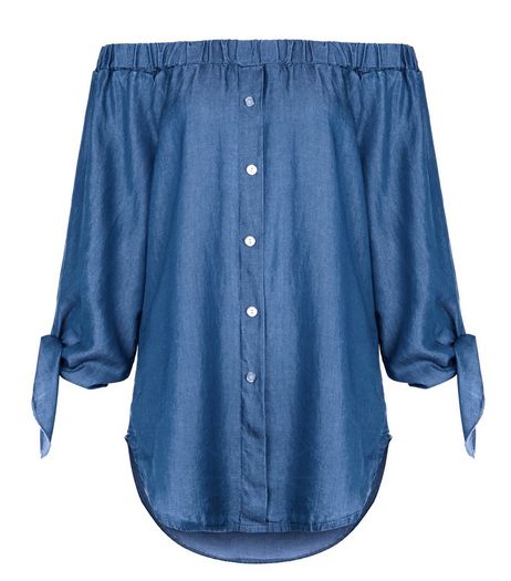 Loving This Blue Bardot Neck Tie Sleeve Top | New Look