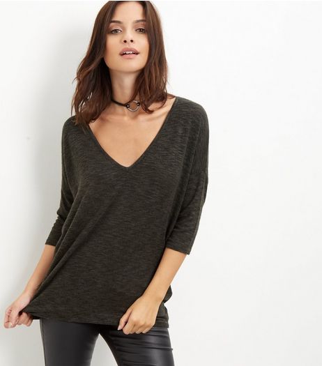 Khaki Fine Knit V Neck Top | New Look