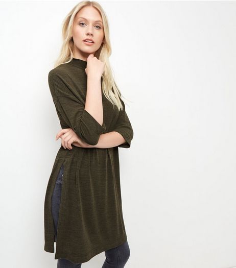 Khaki Fine Knit 3/4 Sleeve Split Side Longline Top | New Look