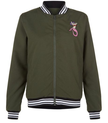 Heartbreak Khaki Mermaid Embroidered Stripe Trim Bomber Jacket | New Look